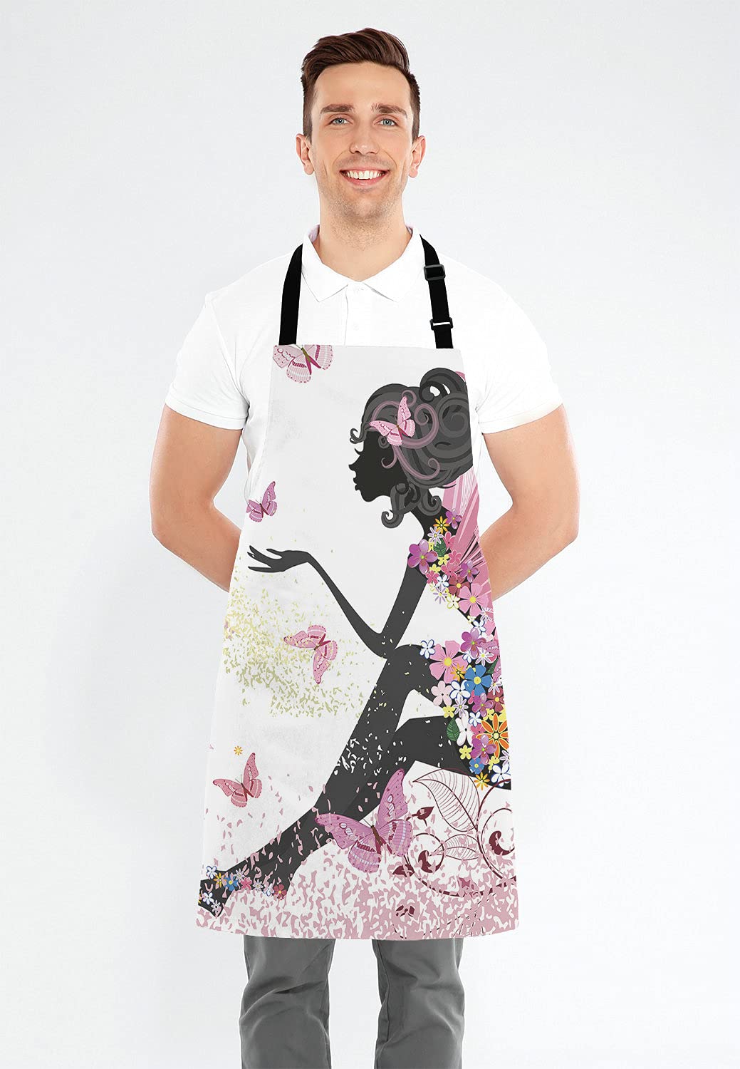 Lefolen Pink Butterfly Beautiful Girl Adjustable Bib Apron Kitchen Cooking Baking Gardening Apron For Women Men